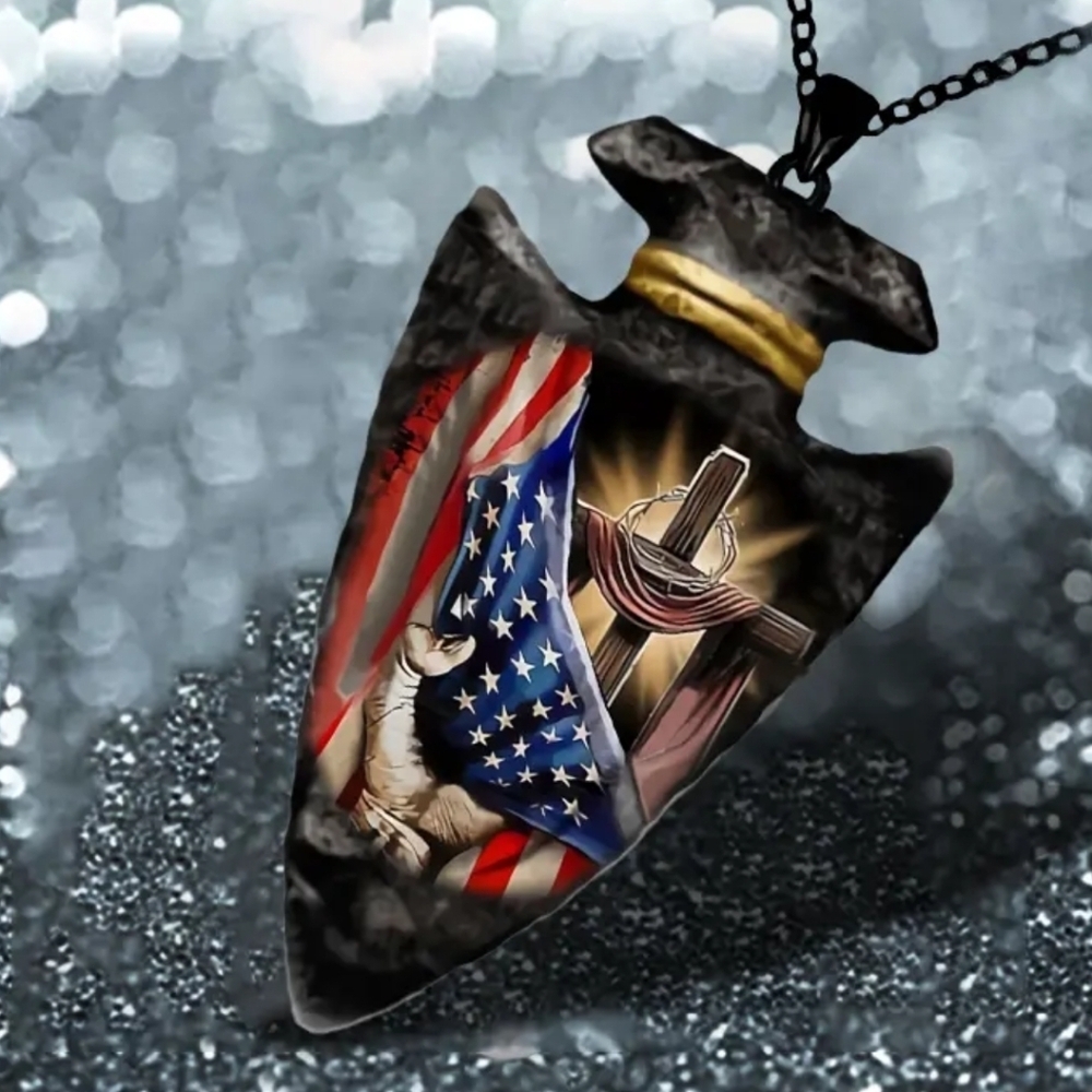 New men's arrowhead shaped necklace cross american flag